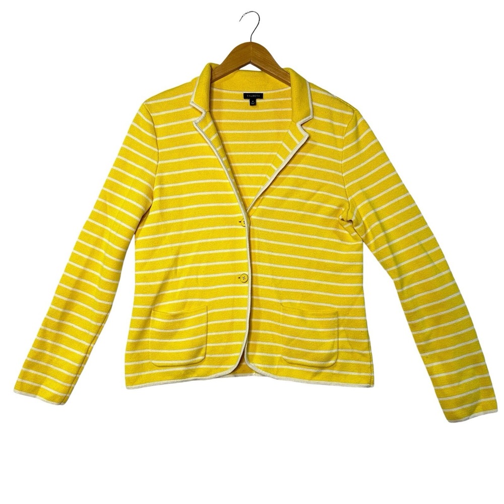 Talbots Womens Yellow White Striped Knit Blazer Cardigan Jacket Size M Button Up